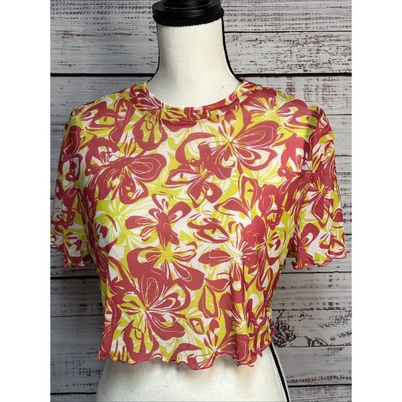 Beach Riot Kathleen Crop Top Floral Tropical Cover Up Pink Hawaiian Mesh NWT New - Picture 1 of 9